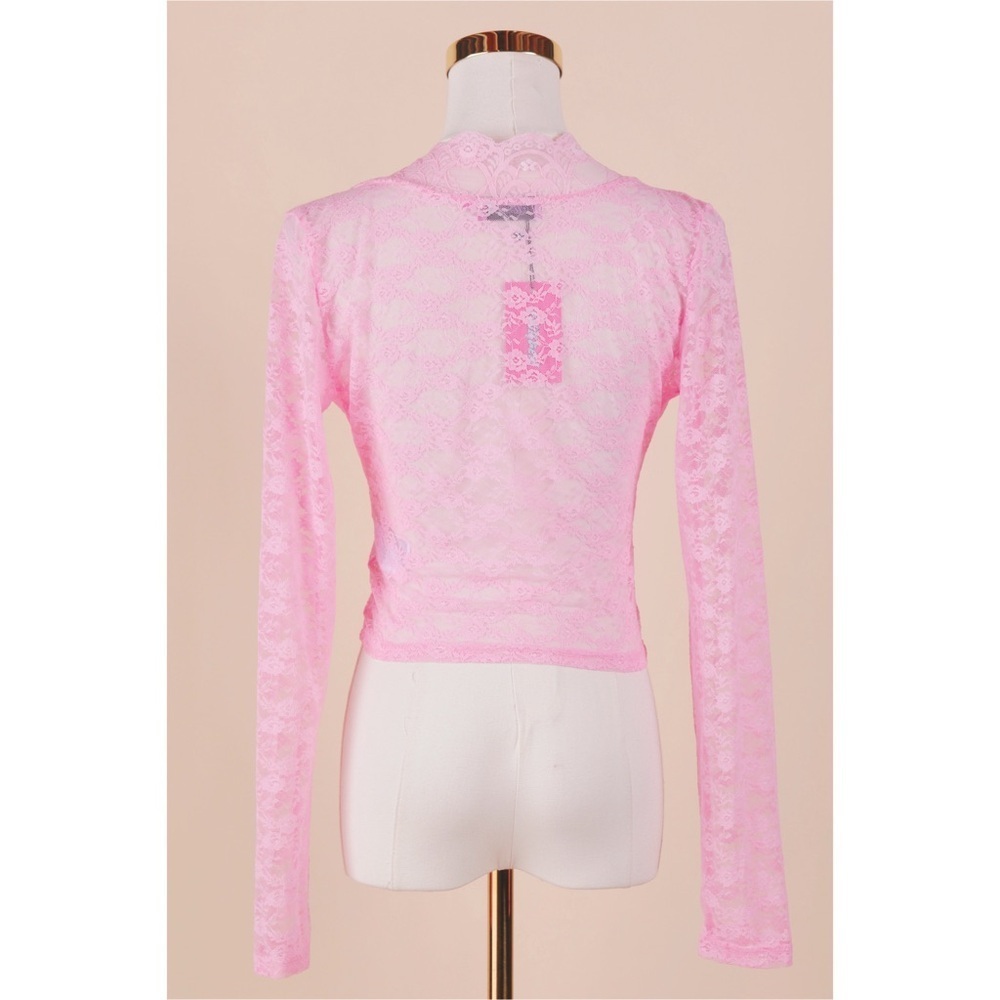 Sz M Edikted Beck Sheer Baby Pink Plunge Neck Lace Crop Top NWT - Picture 3 of 6